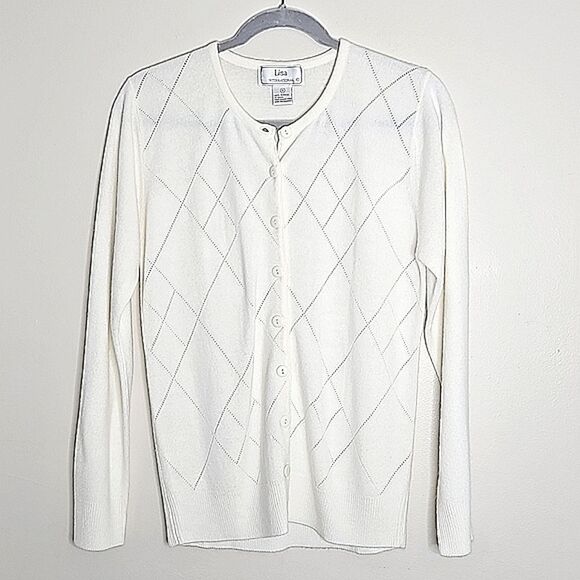 Vintage Lisa International Ivory Cartigan Button down Diamond pattern Small - Picture 1 of 9